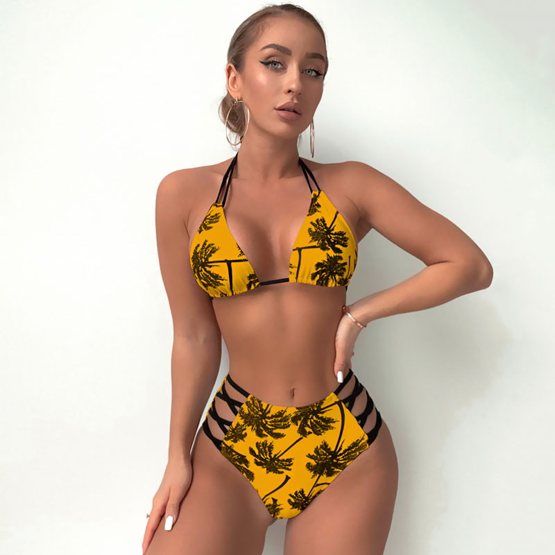 Tropical Palm Print Cut Out Slide Triangle Brazilian Two Piece Bikini Swimsuit