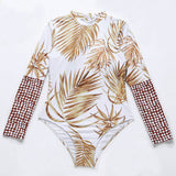 Tropical Print Long Sleeve Zip Up High Neck Rash Guard One Piece Swimsuit