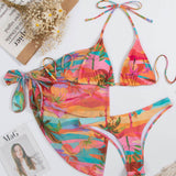 Tropical Printed High Cut Slide Triangle Brazilian Three Piece Bikini Swimsuit