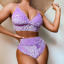 Velvet Leopard High Cut High Waist V Neck Brazilian Two Piece Bikini Swimsuit