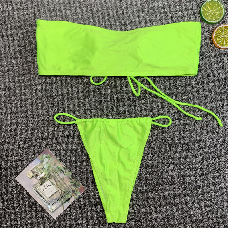 Versatile Neon Tie Front String Bandeau Brazilian Two Piece Bikini Swimsuit
