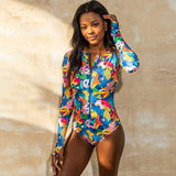 Vibrant Printed Long Sleeve Front Zip High Neck Rash Guard One Piece Swimsuit