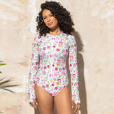Vibrant Printed Long Sleeve Front Zip High Neck Rash Guard One Piece Swimsuit