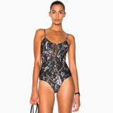 Vintage Floral Print Spaghetti Strap Panel Mesh Brazilian One Piece Swimsuit
