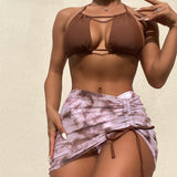 Vintage Marble Print High Cut Cutout Brazilian Three Piece Bikini Swimsuit