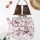 Vintage Marble Print High Cut Cutout Brazilian Three Piece Bikini Swimsuit