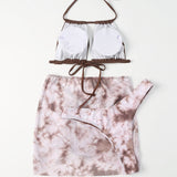 Vintage Marble Print High Cut Cutout Brazilian Three Piece Bikini Swimsuit