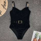 Vintage Velvet Ribbed Belted Chain Strap Underwire Brazilian One Piece Swimsuit