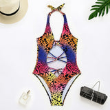Wild High Cut Leopard Print Strappy Deep V Halter One Piece Swimsuit