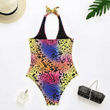 Wild High Cut Leopard Print Strappy Deep V Halter One Piece Swimsuit