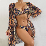 Wild Leopard O Ring Tie String Underwire Brazilian Three Piece Bikini Swimsuit