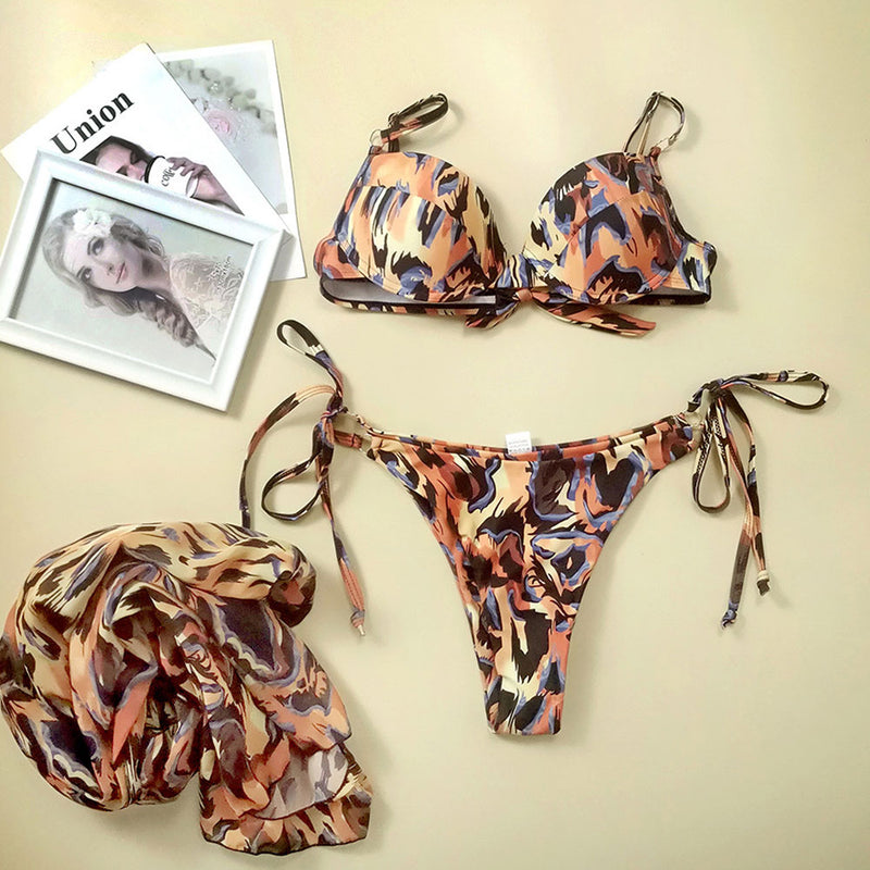 Wild Leopard O Ring Tie String Underwire Brazilian Three Piece Bikini Swimsuit