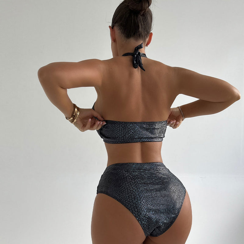 Wild Snake Cut Out Buckle Crisscross Halter Brazilian Two Piece Bikini Swimsuit
