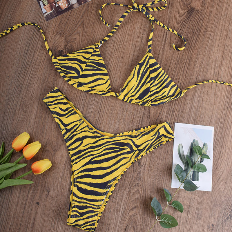 Zebra Print High Cut Slide Triangle Brazilian Two Piece Bikini Swimsuit